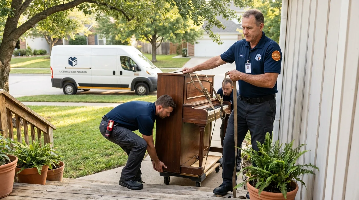 Licensed piano movers securing grand piano in Shreveport, LA