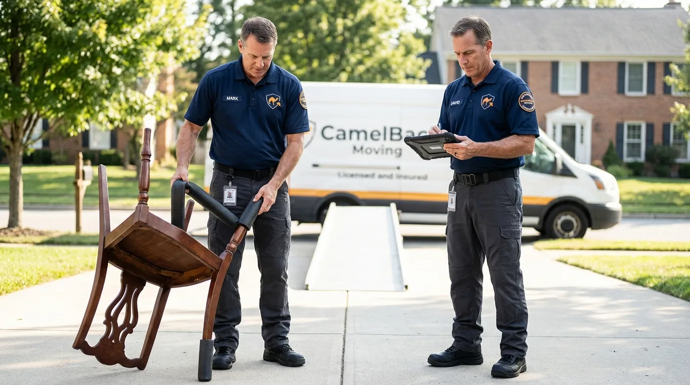 Movers inspecting furniture for damage prevention before loading in Shreveport, LA