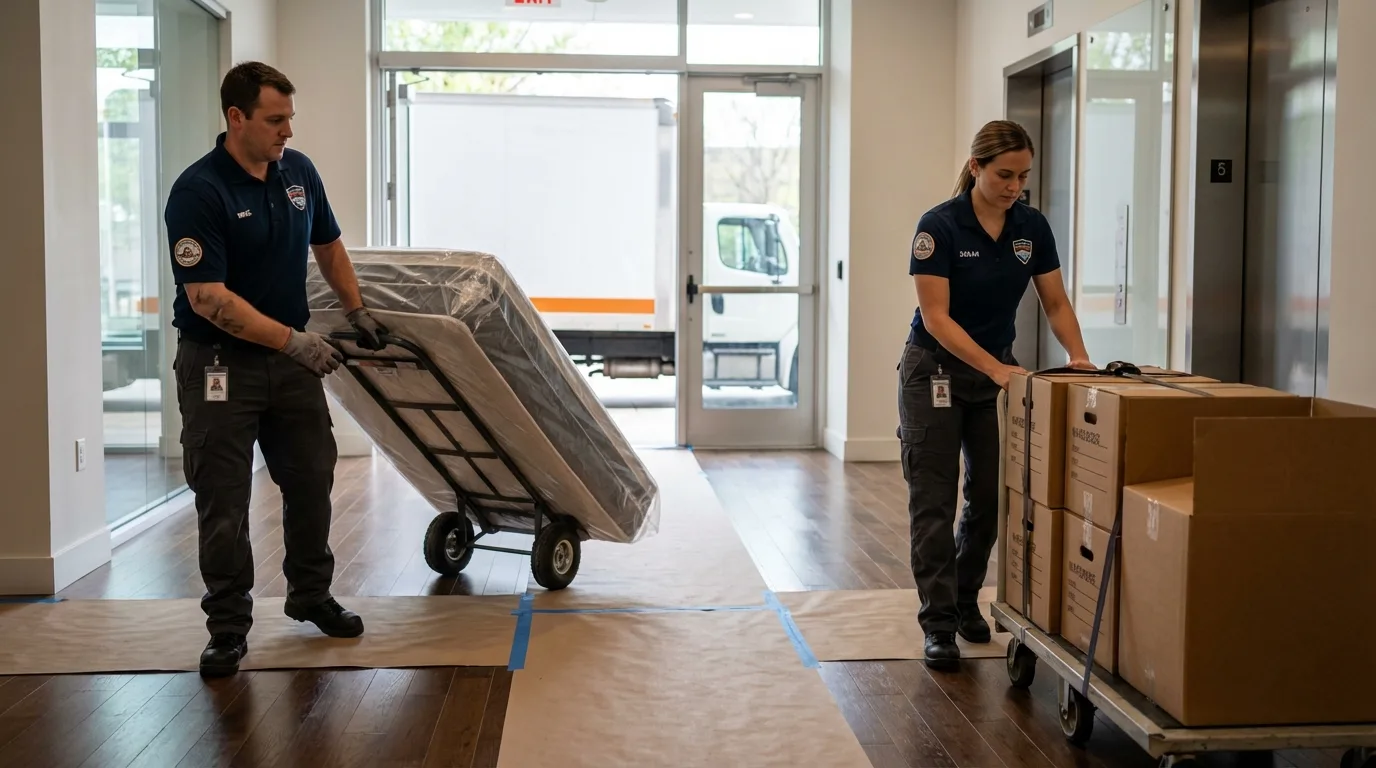 Professional apartment movers loading elevator in Shreveport, LA