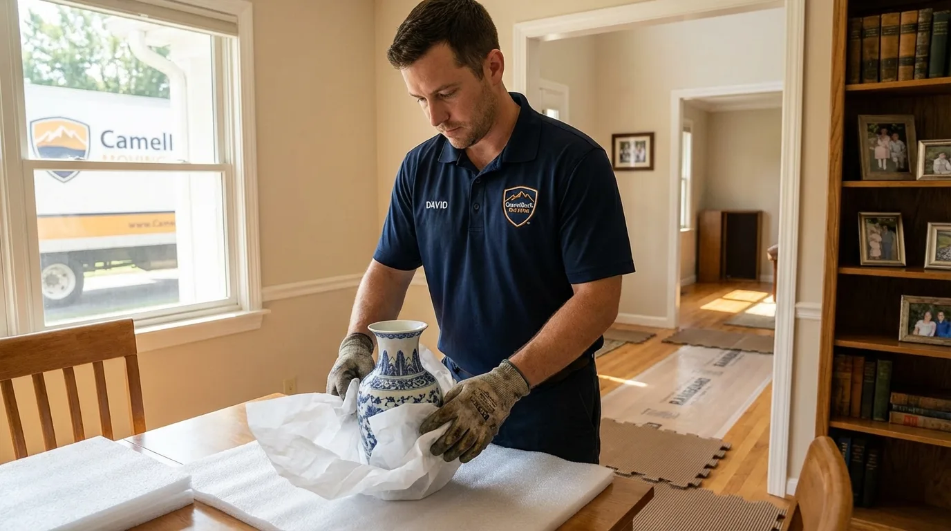 Professional crew carefully wrapping antique vase for senior downsizing move in Shreveport, LA